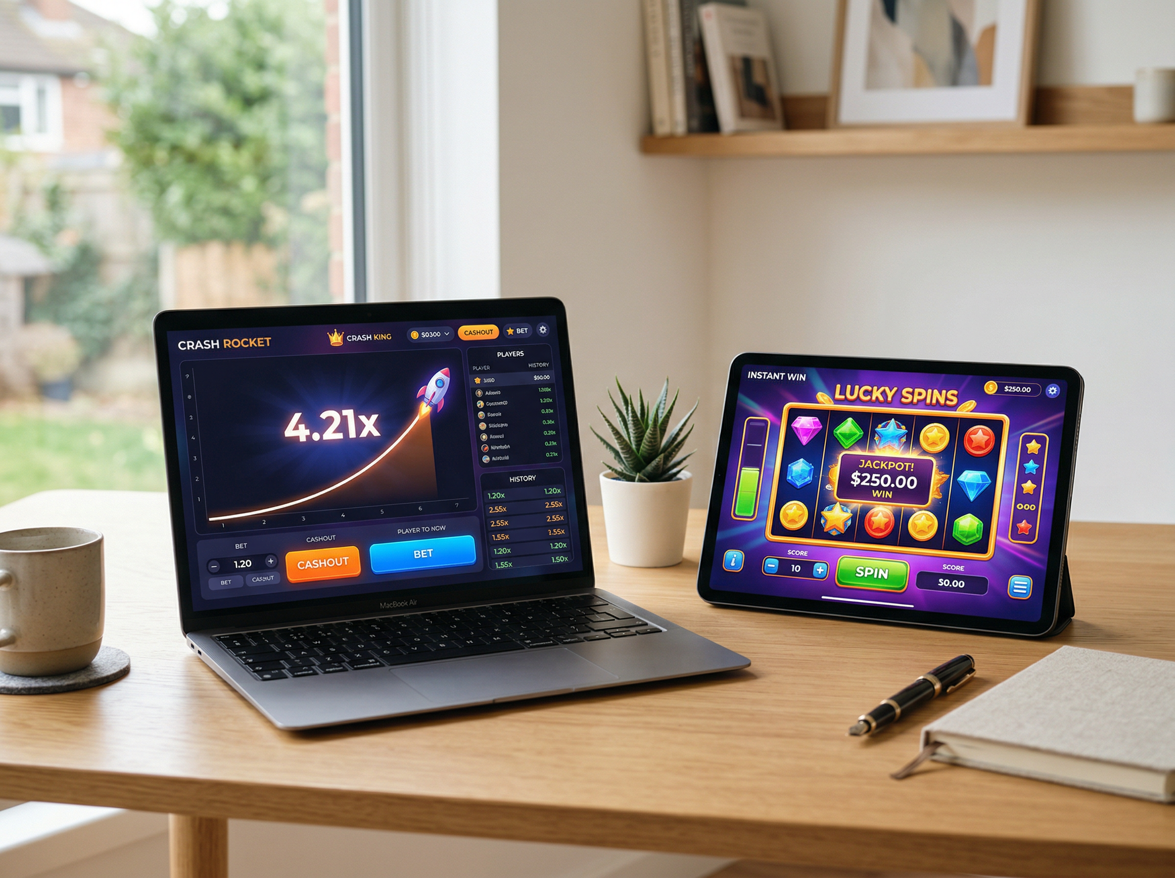 Crash and instant win games on laptop and tablet